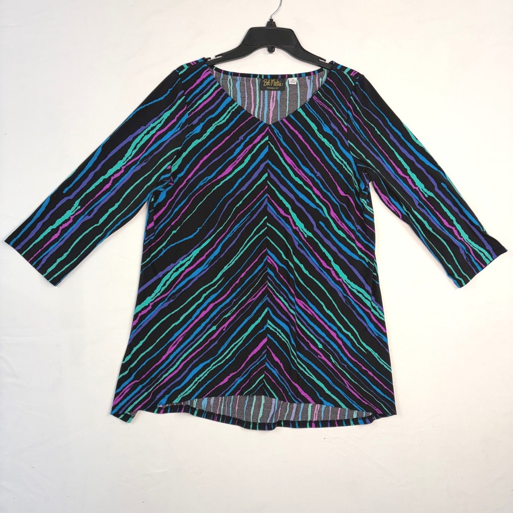 Bob Mackie Wearable Art Tunic Top Womens Medium Black Teal Abstract Zebra Stripe